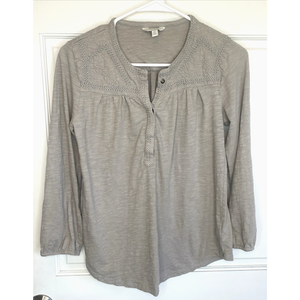 Lucky Brand Women's Boho Embroidered Henley Top Sz S 100% Cotton Long Sleeve